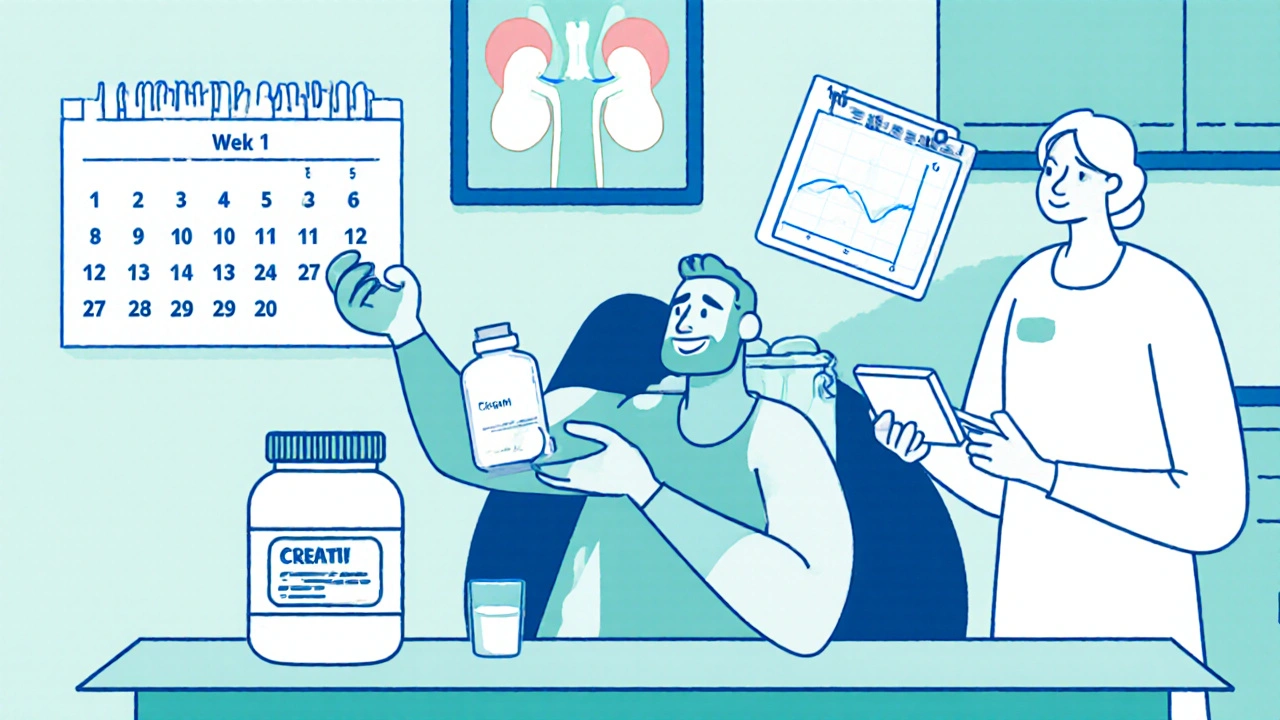 Athlete with creatine powder, ACE inhibitor pill, and calendar monitoring.