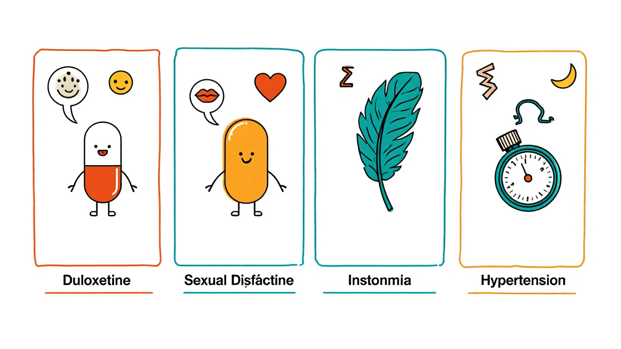 Cartoon characters for each drug surrounded by side‑effect icons.