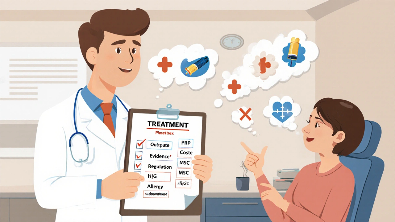 Cartoon doctor and patient reviewing a checklist of regenerative therapy options.