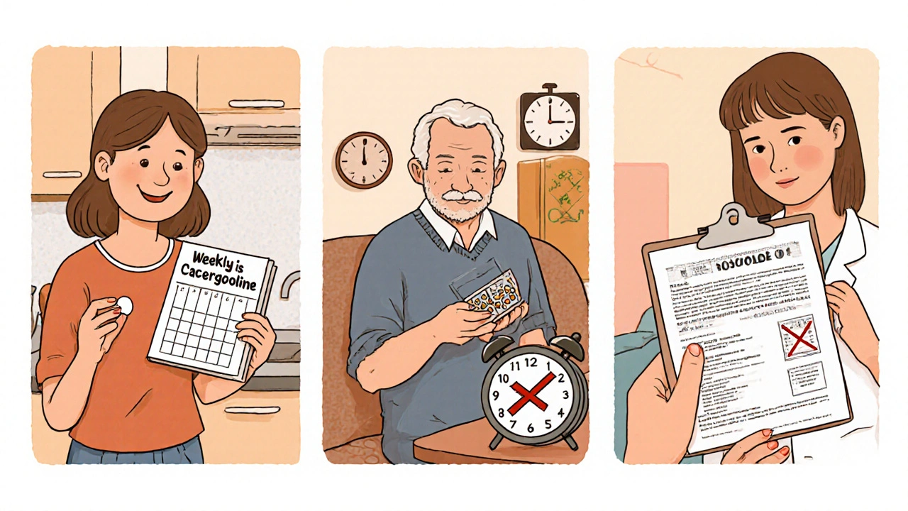 Cartoon vignette of three patients using different dopamine agonists in their daily lives.