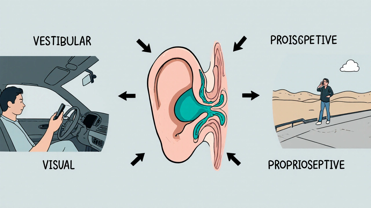 Diagram of inner ear with arrows from car and boat showing mismatched signals.