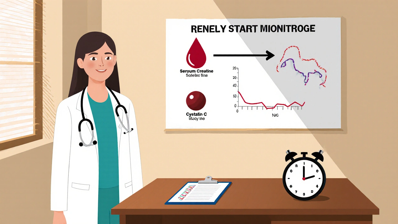 Doctor's office with icons for creatinine, cystatin C, and urine test.