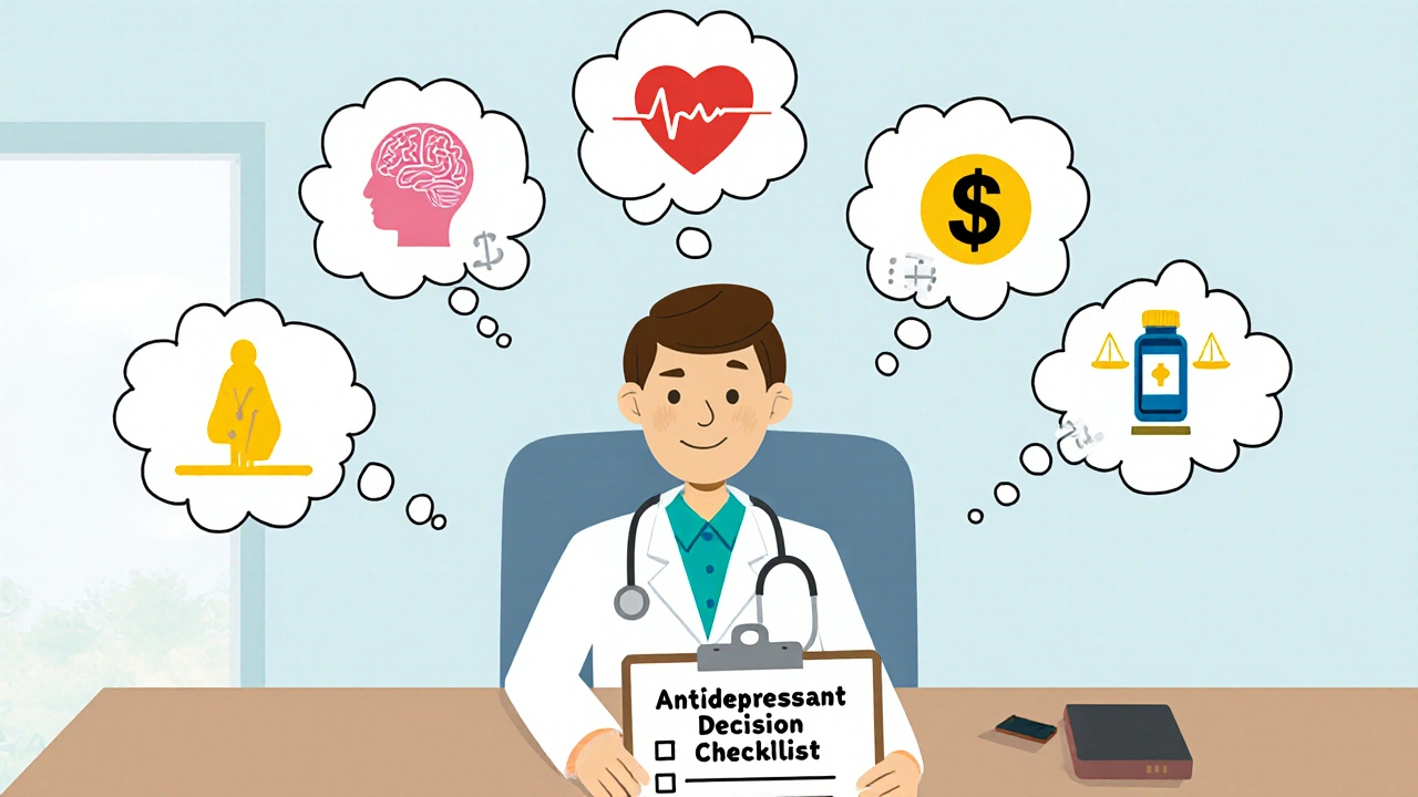 Doctor and patient reviewing a checklist with thought bubbles of key factors.