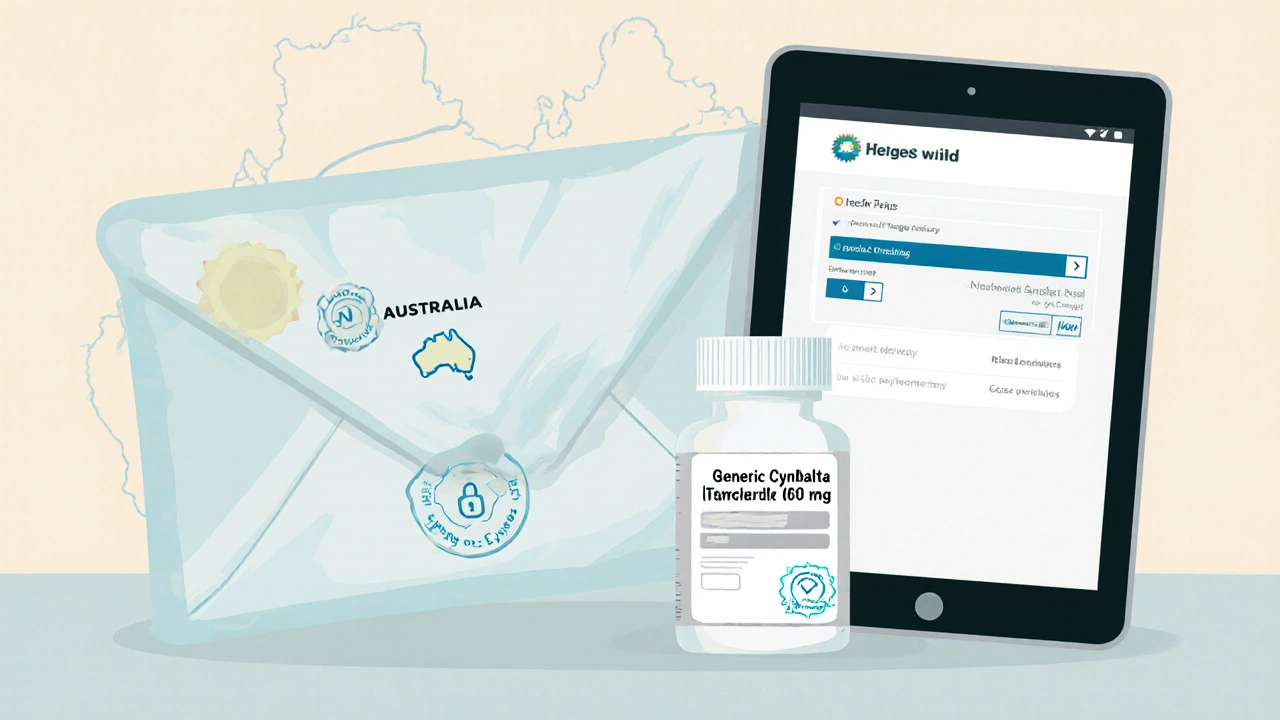 Flat lay of sealed generic Cymbalta bottle, shipping envelope with verification seal, and tablet showing payment icons.