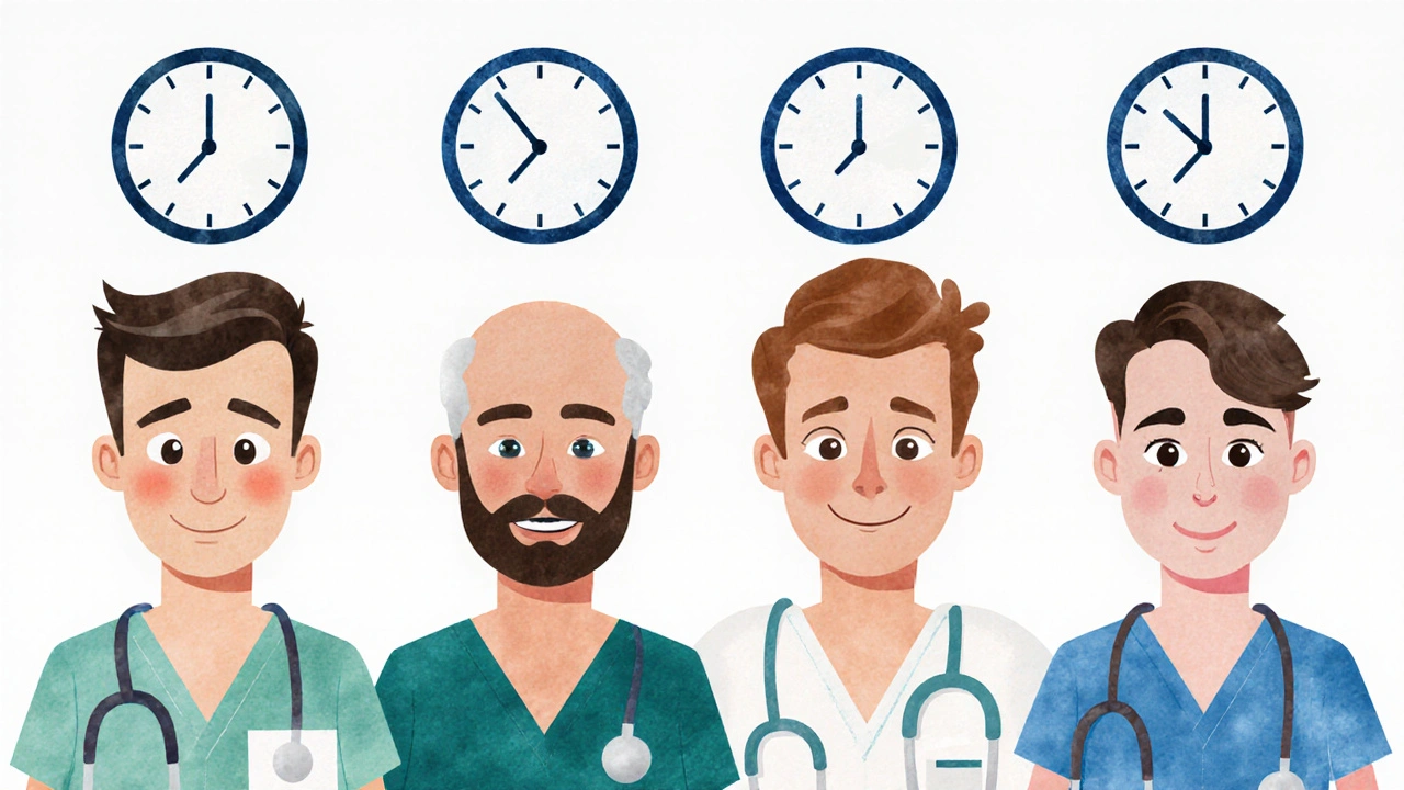 Four stylized ED medication characters with time clocks above heads, comparing duration and side effects
