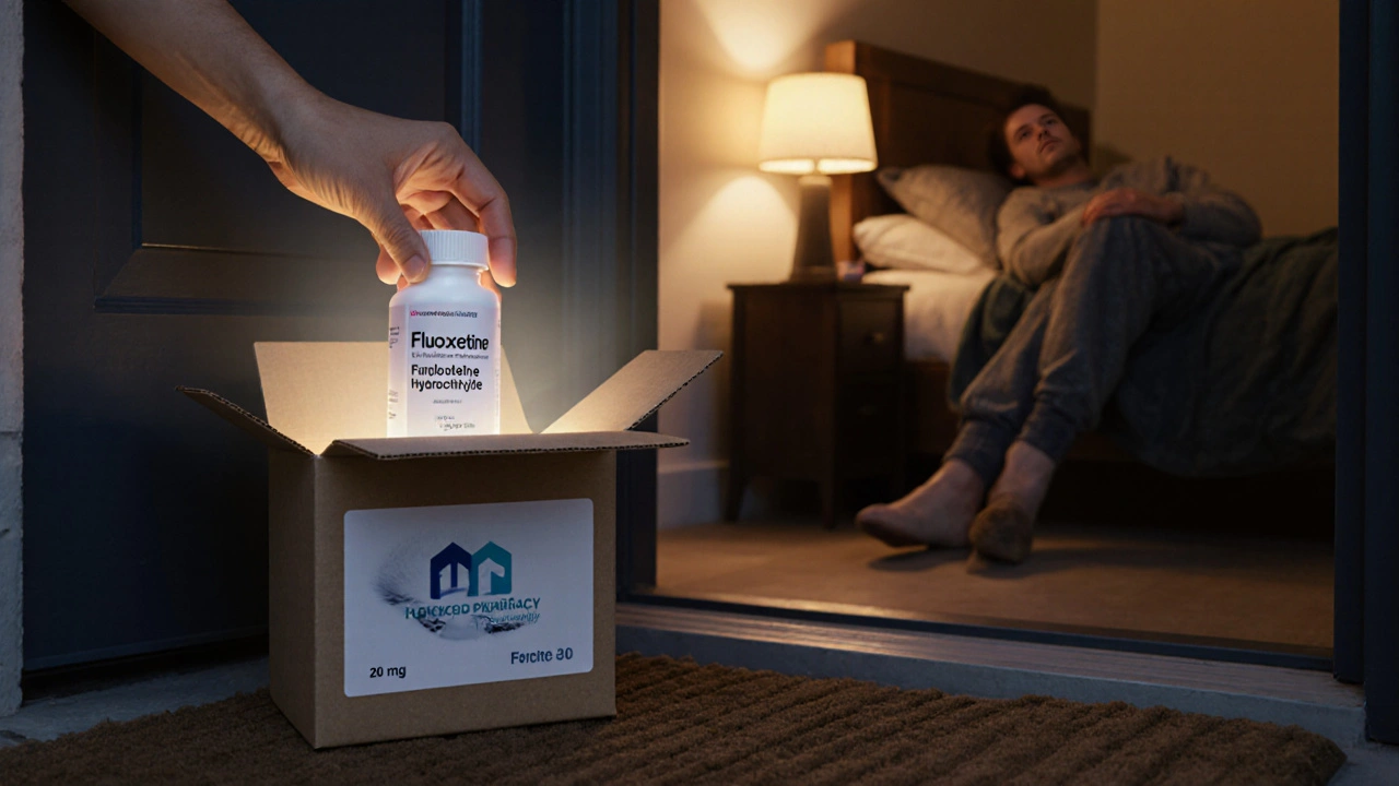 Hand opening a delivery box revealing a fluoxetine bottle, with a relieved person nearby.