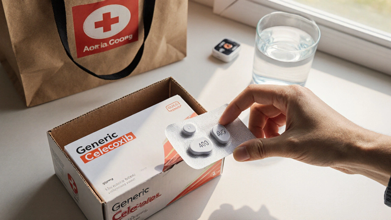 Hands opening a delivery box and inspecting generic celecoxib tablets.