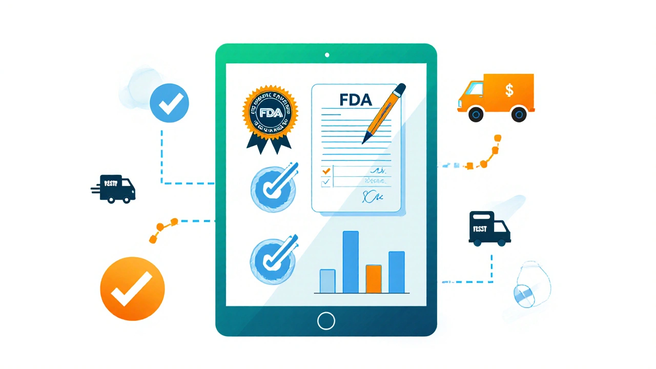 Illustrated checklist showing FDA seal, prescription, price chart, and shipping icon on a tablet.