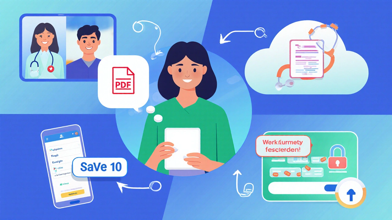 Illustrated steps: telehealth call, prescription upload, dosage selection, coupon use.