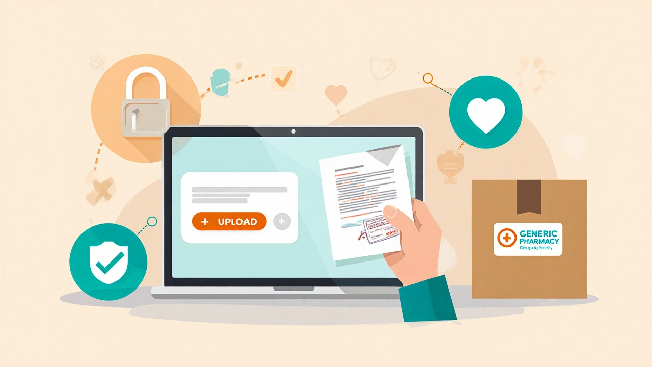 Illustration of a laptop, prescription upload, and shipping box with safety icons for online ordering.