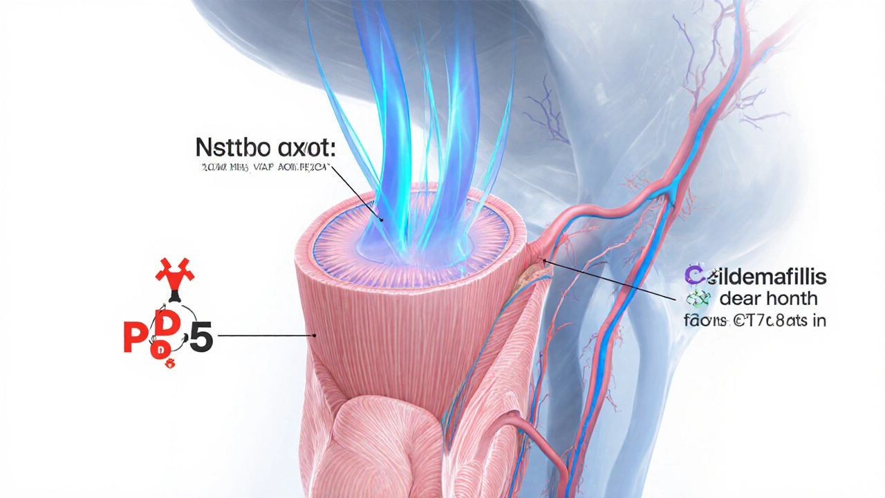 Illustration of how sildenafil works, showing blood vessels relaxing in the penis.