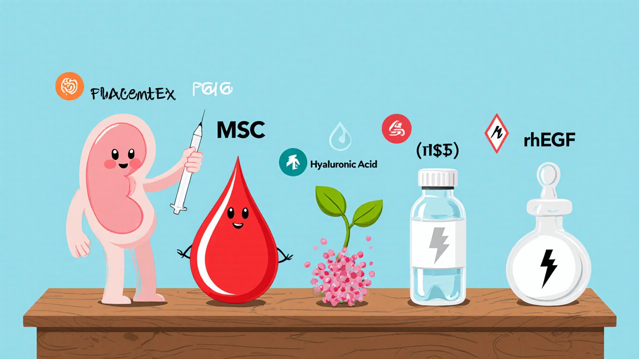 Ligne claire cartoon showing five injectable treatments displayed side by side.