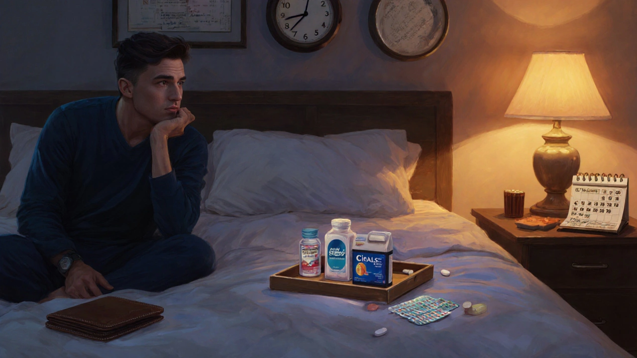 Man looking at various ED pills on a bedside table, with a clock and calendar nearby.