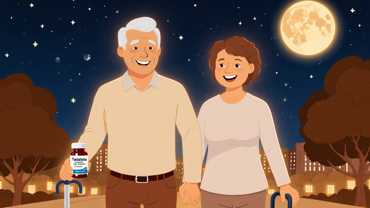 Middle-aged man walking with partner at night, holding pill bottle, glowing aura symbolizing improved blood flow