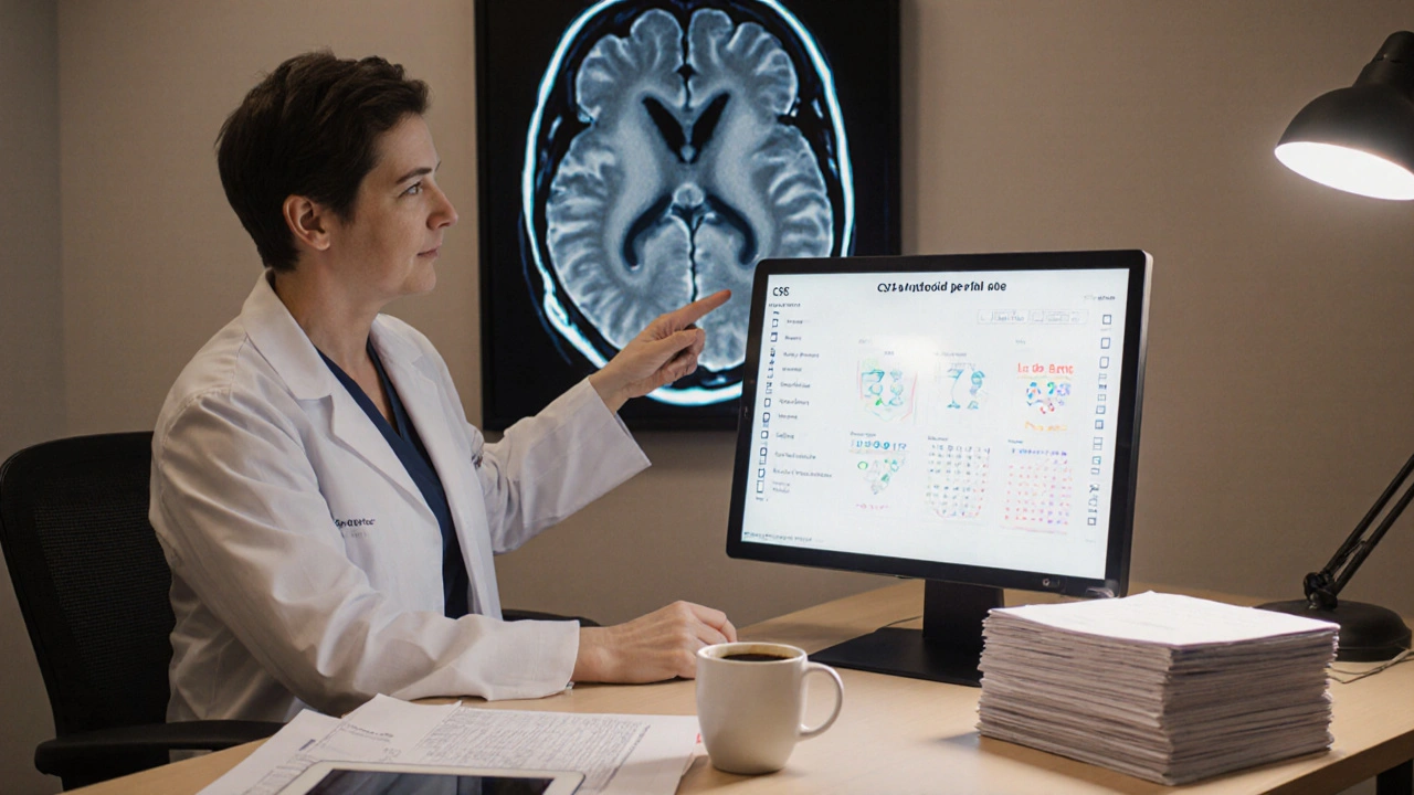 Neurologist reviewing MRI and biomarker charts with patient and caregiver.