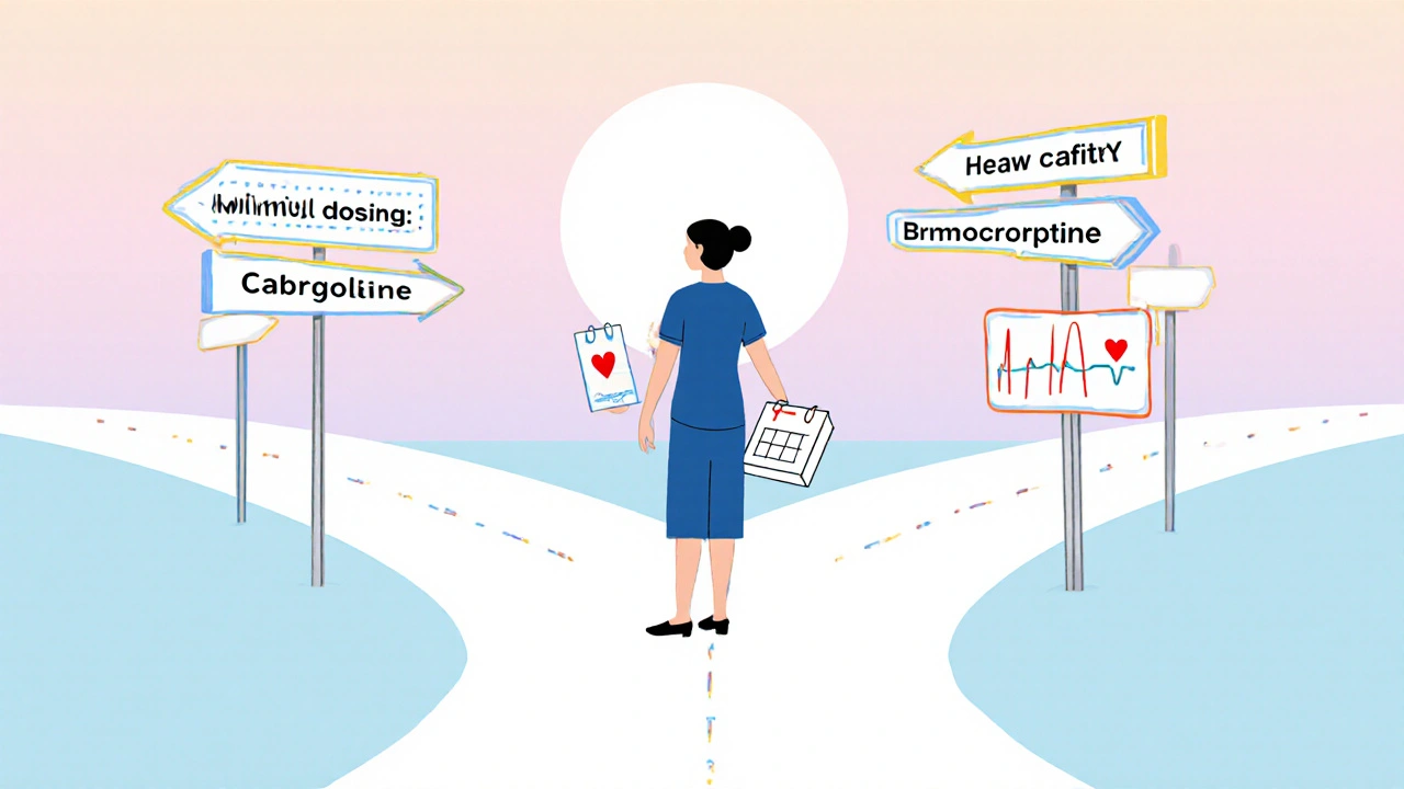 Patient at crossroads with signs for dosing schedule, cost, heart safety, and pregnancy considerations.