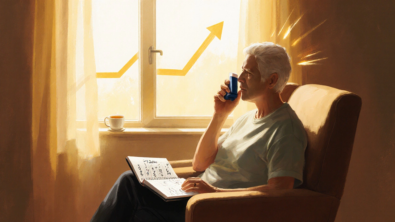 Patient at home holding an inhaler, notebook open, bathed in sunrise light, feeling hopeful.