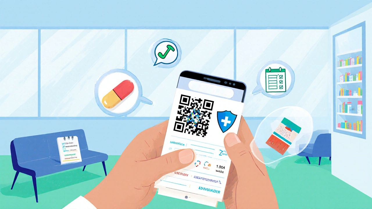 Patient scans a QR code on a Medication Guide, triggering animated safety icons on a phone.