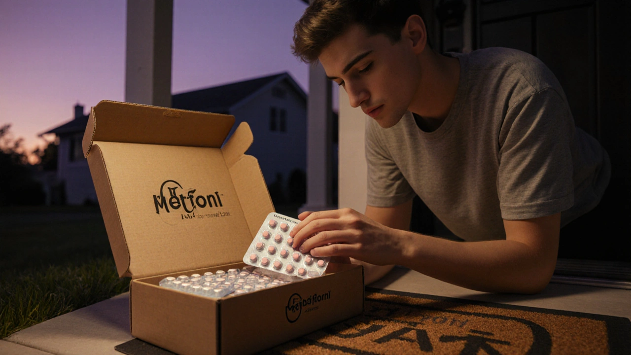 Person inspecting a delivered blister pack of metformin on a porch at dusk.