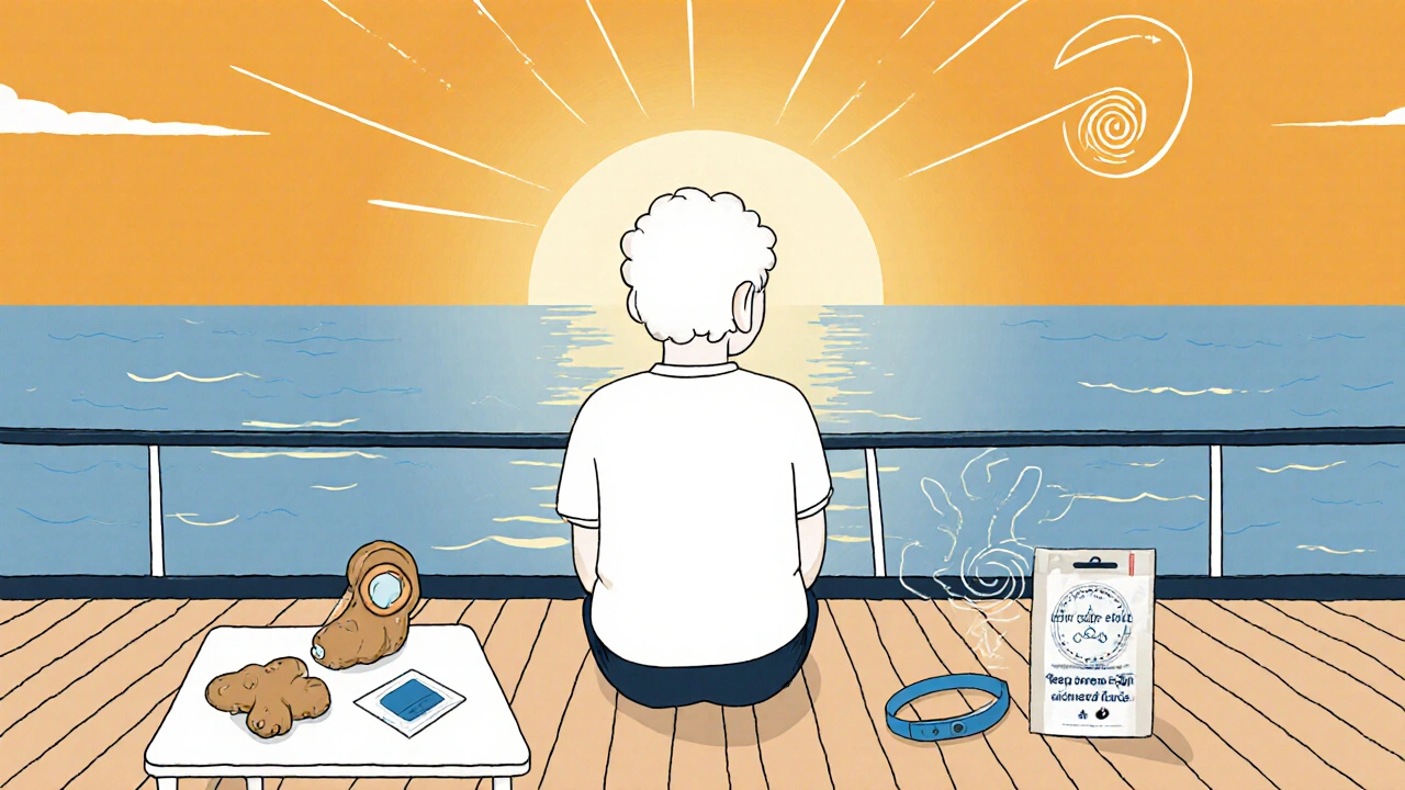 Person on a boat looking at horizon with ginger, patch, and wristband nearby.