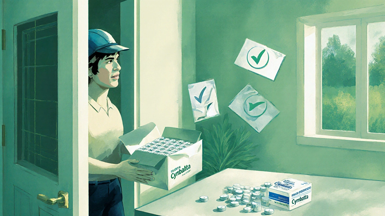 Person opening a delivery box at home, revealing generic Cymbalta tablets with floating check‑marks.