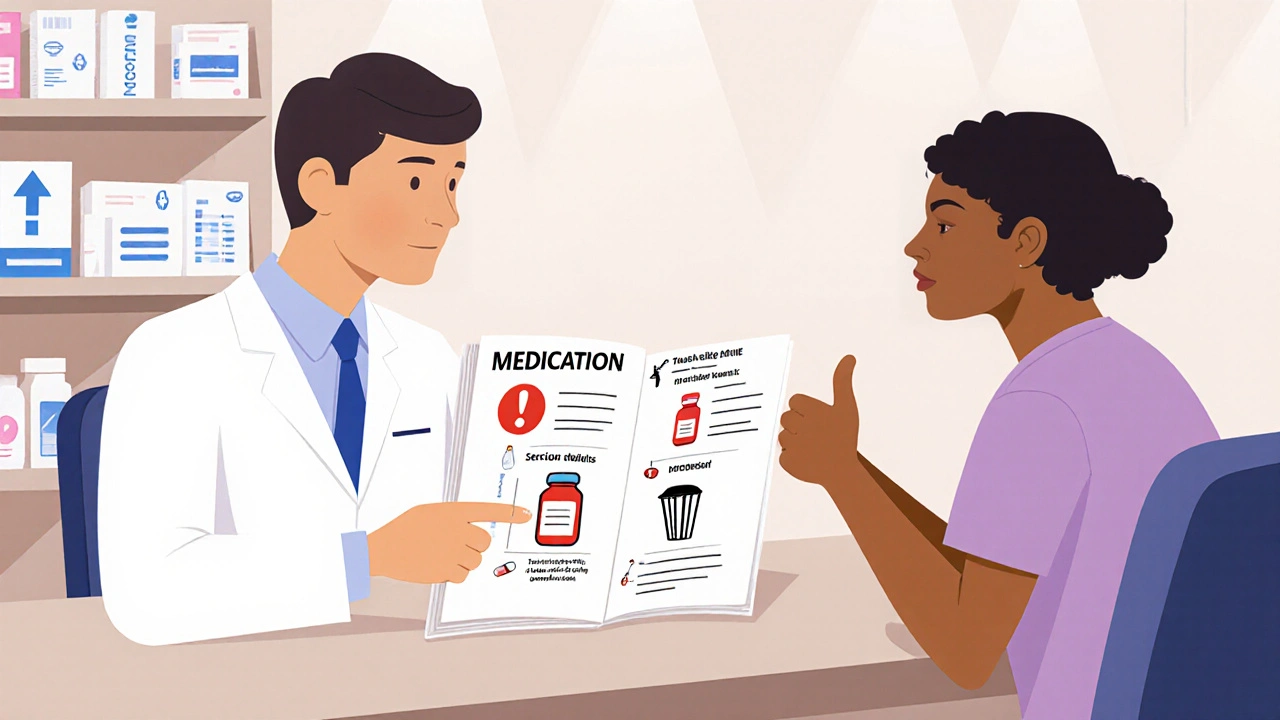 Pharmacist points to visual icons in a Medication Guide while patient nods in agreement.