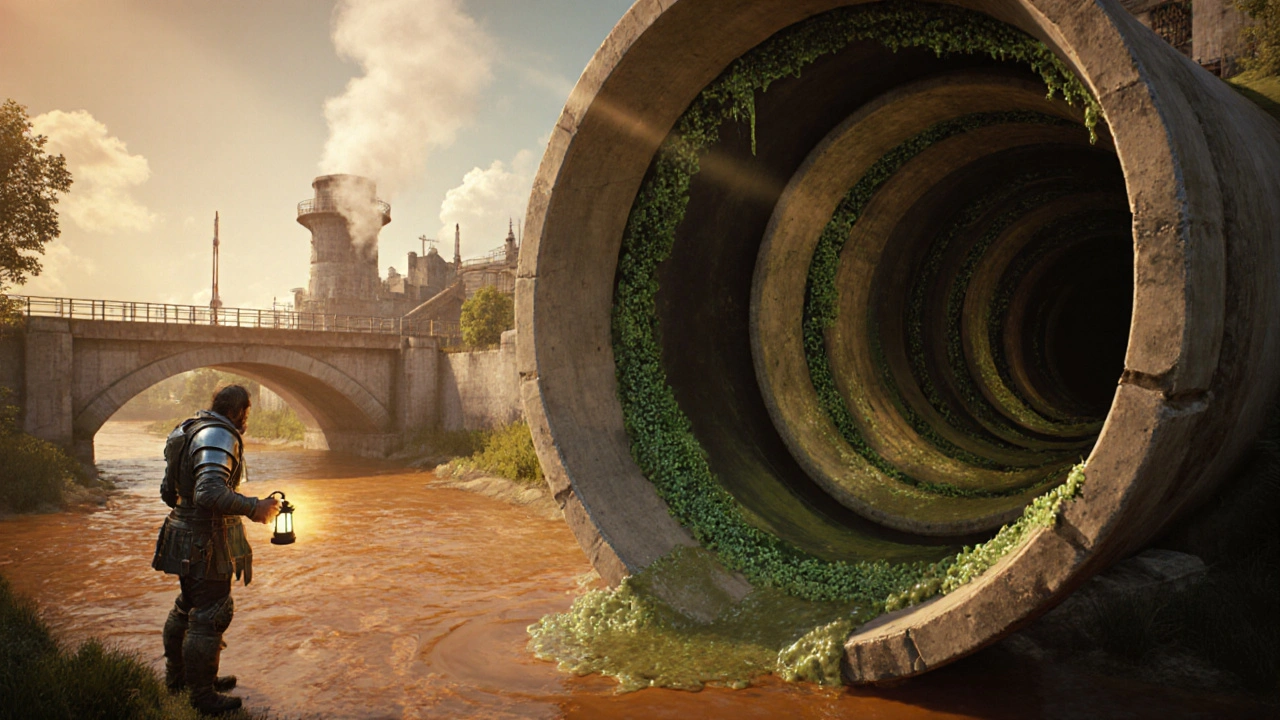River intake pipe with biofilm and hidden amoebas, inspected by a worker.