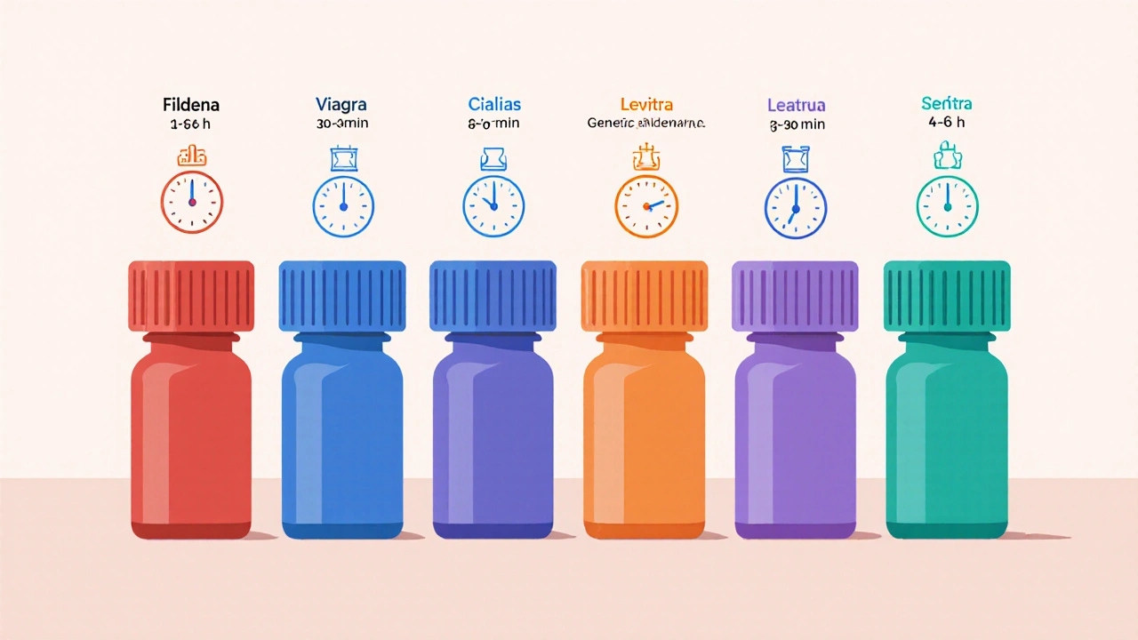 Row of six colored pill bottles with clock and hourglass icons indicating onset and duration.