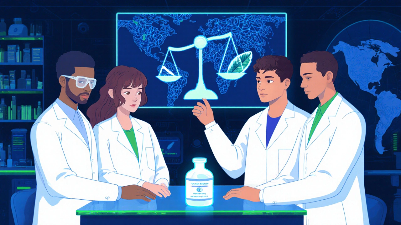 Scientists study a glowing vial of eye‑drop in a futuristic lab with a balance of ethics and beauty.