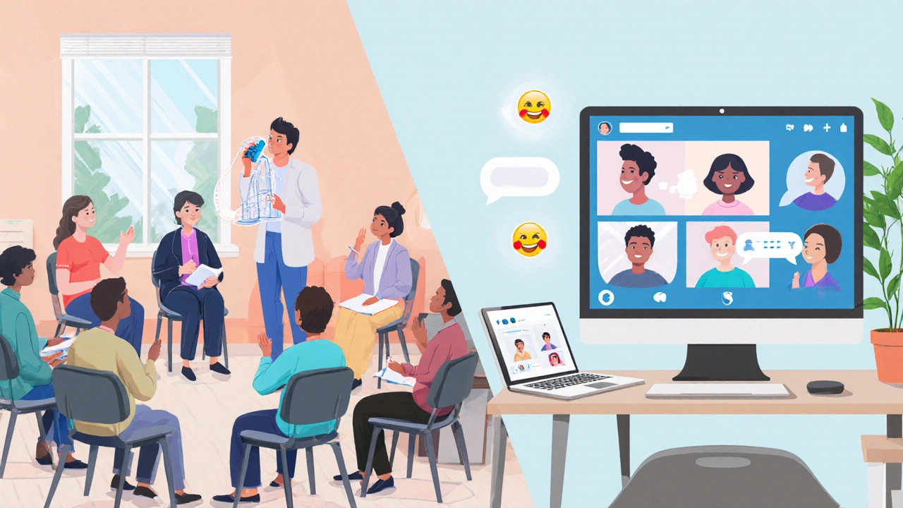 Side‑by‑side view of an in‑person circle and an online video session for a COPD support group.
