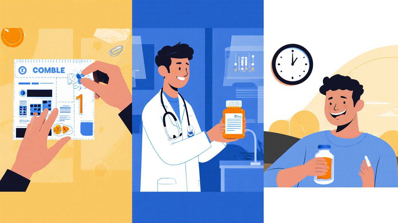 Split scene showing a man choosing cheap online pills, a prescription from a doctor, and a weekend spontaneity.
