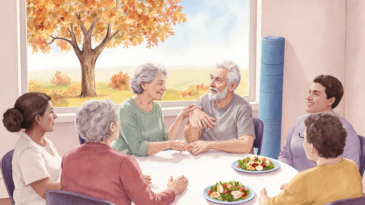 Support group meeting with caregiver, patient, yoga mat and healthy food.