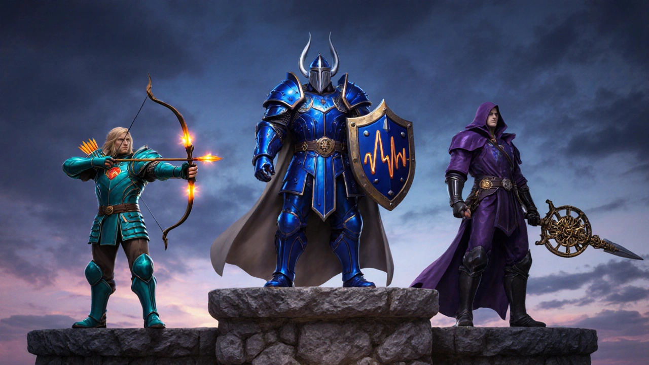 Three RPG heroes symbolizing different calcium‑channel blockers on a stone podium.