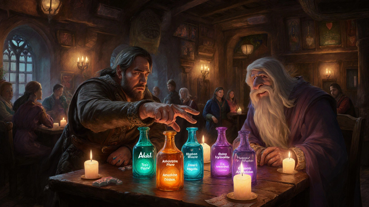 Traveler choosing between glowing potion bottles in a tavern, each representing a drug.