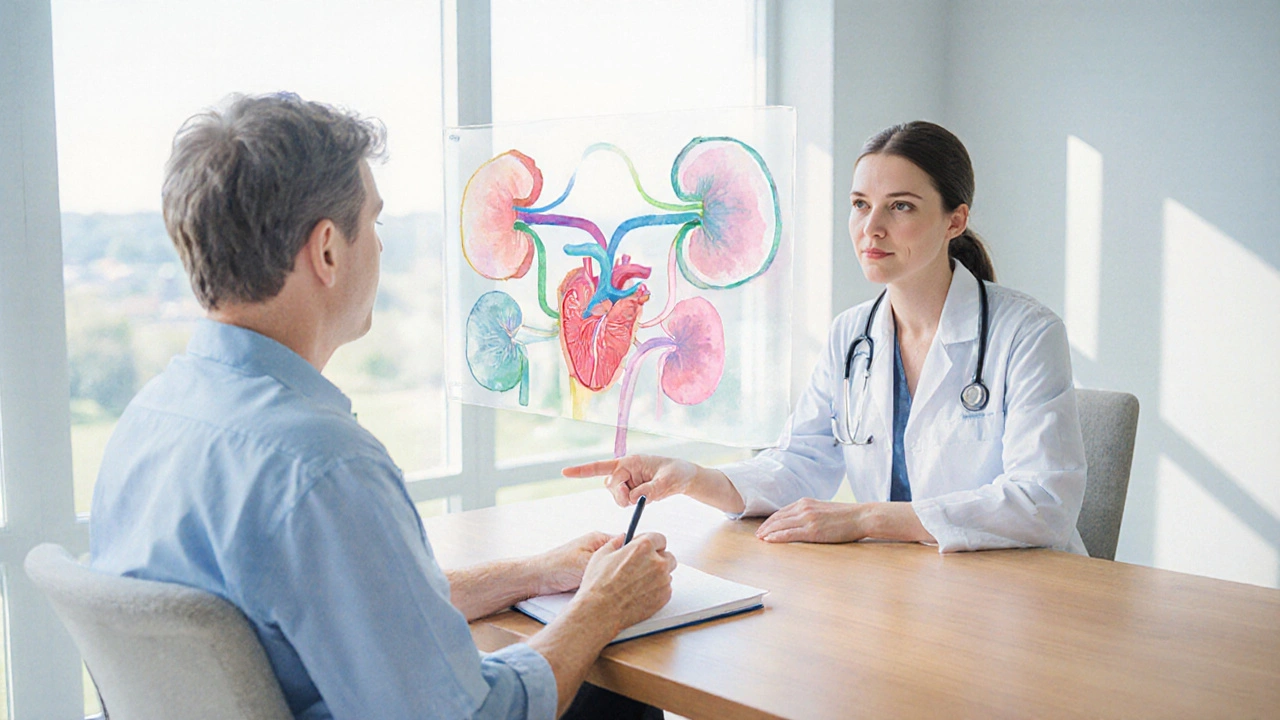 Watercolor of patient and doctor discussing medication options in a clinic.