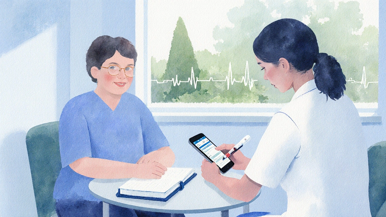 Watercolor scene of a patient reviewing a medication diary and getting an INR blood test in a clinic.