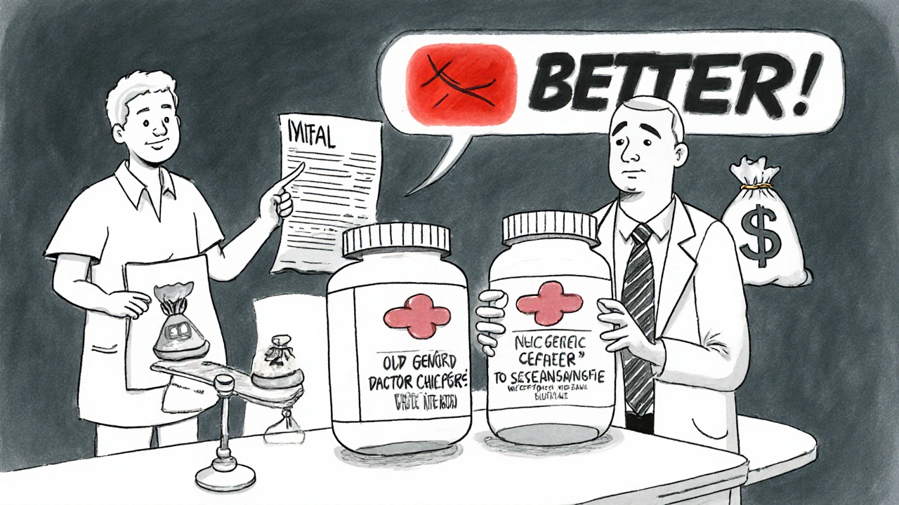 A doctor comparing two pills while a patient faces a high medical bill, illustrating the cost of brand switching.