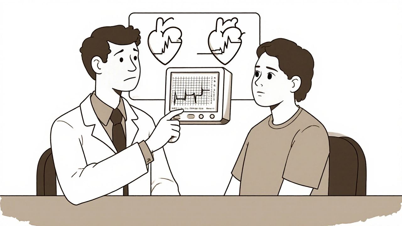 A doctor points to an ECG monitor with an irregular heartbeat during a calm consultation.