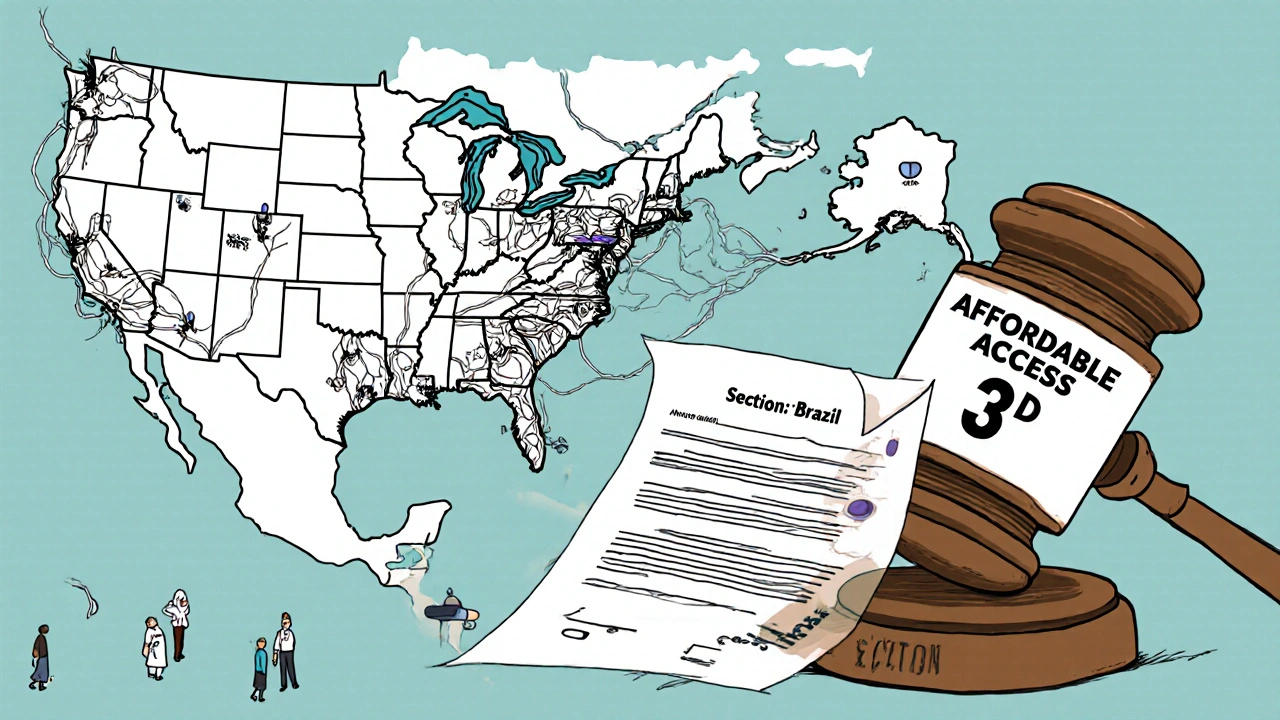 A global map showing patent barriers in the U.S. versus clear access to generics in India and Brazil.