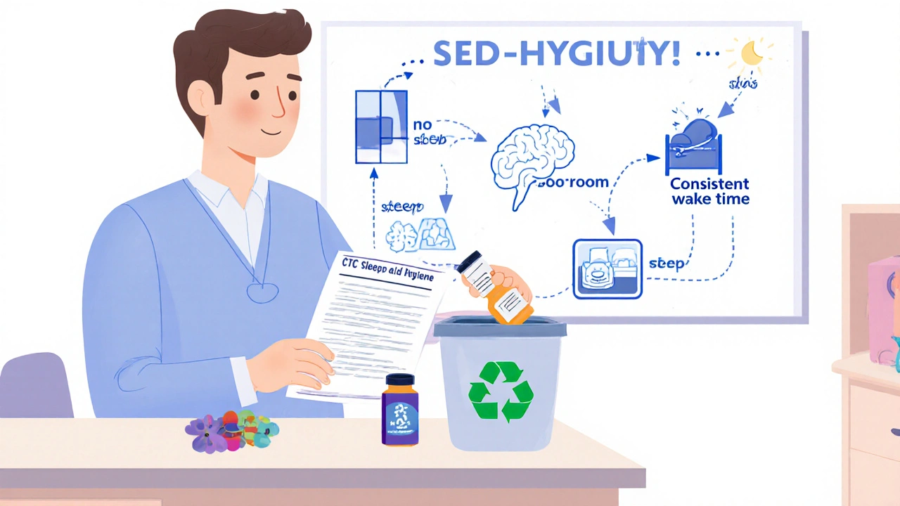 A patient placing sleep aids in a bin while receiving a CBT-I prescription, with sleep hygiene icons in the background.