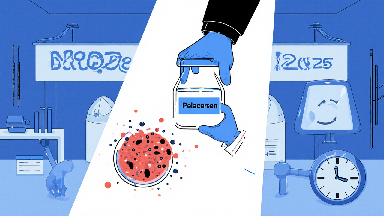 A scientist holding a glowing vial called Pelacarsen, dissolving Lp(a) particles in a blood sample with a 2025 clock in the background.