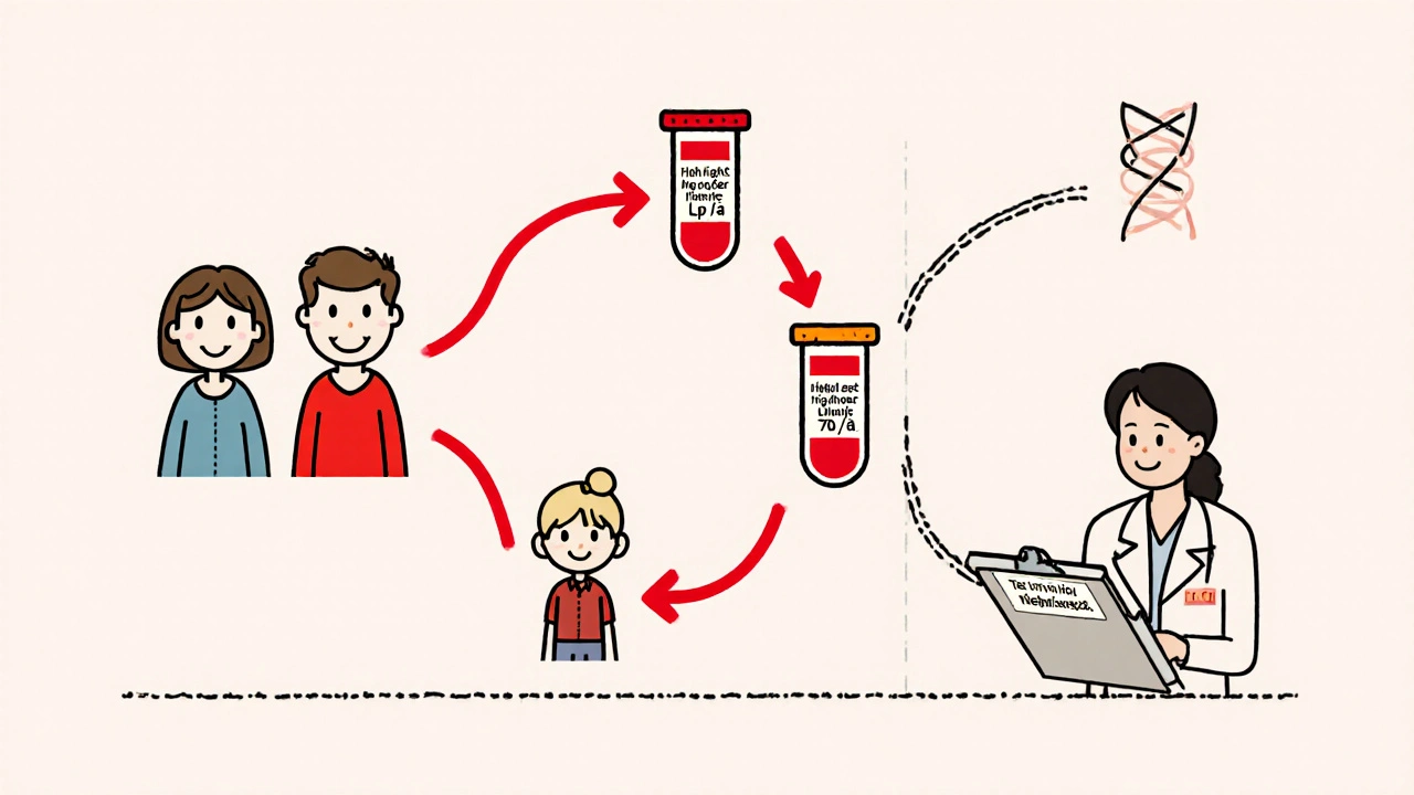 A three-generation family tree with blood test tubes showing high Lp(a) levels, highlighting genetic inheritance.