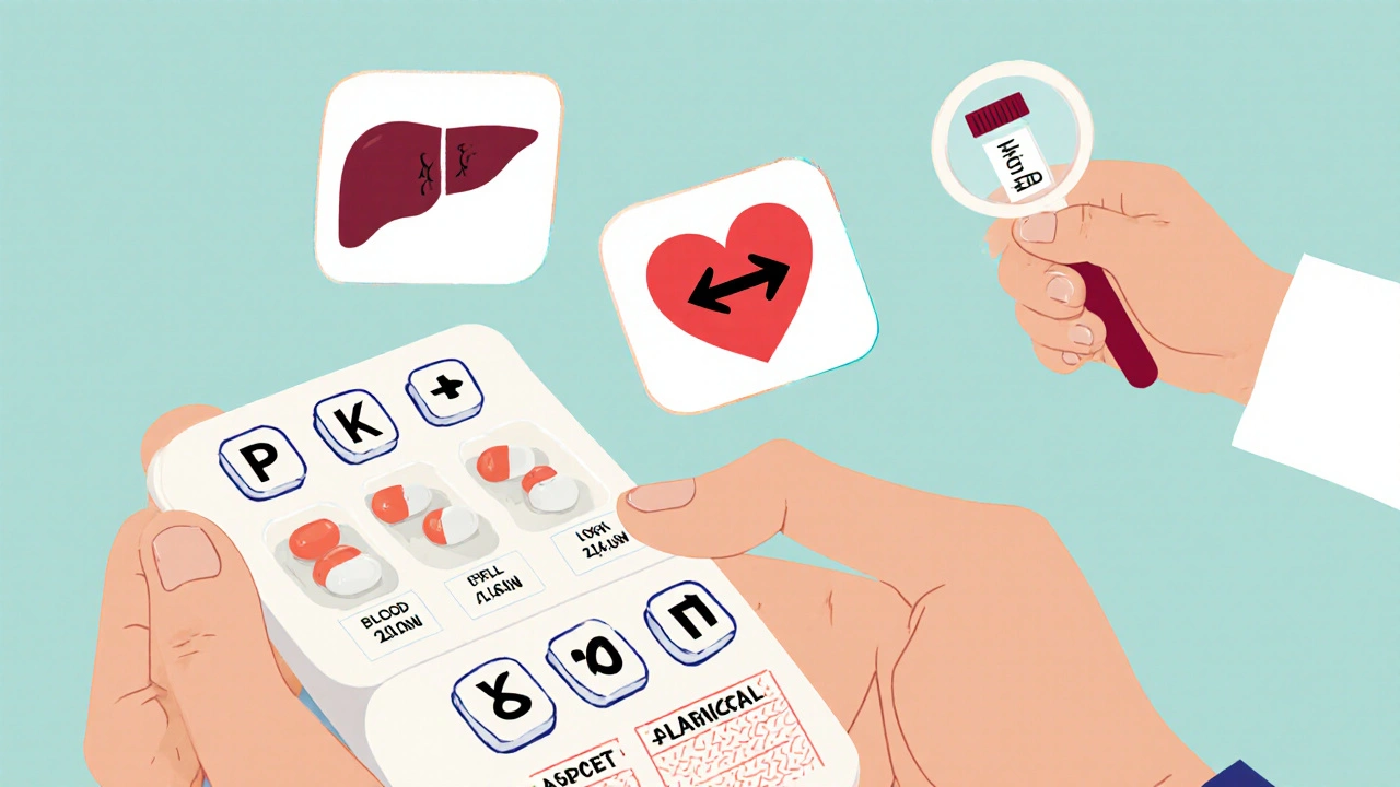 An elderly person with multiple pills, surrounded by icons of pharmacokinetic and pharmacodynamic interactions.