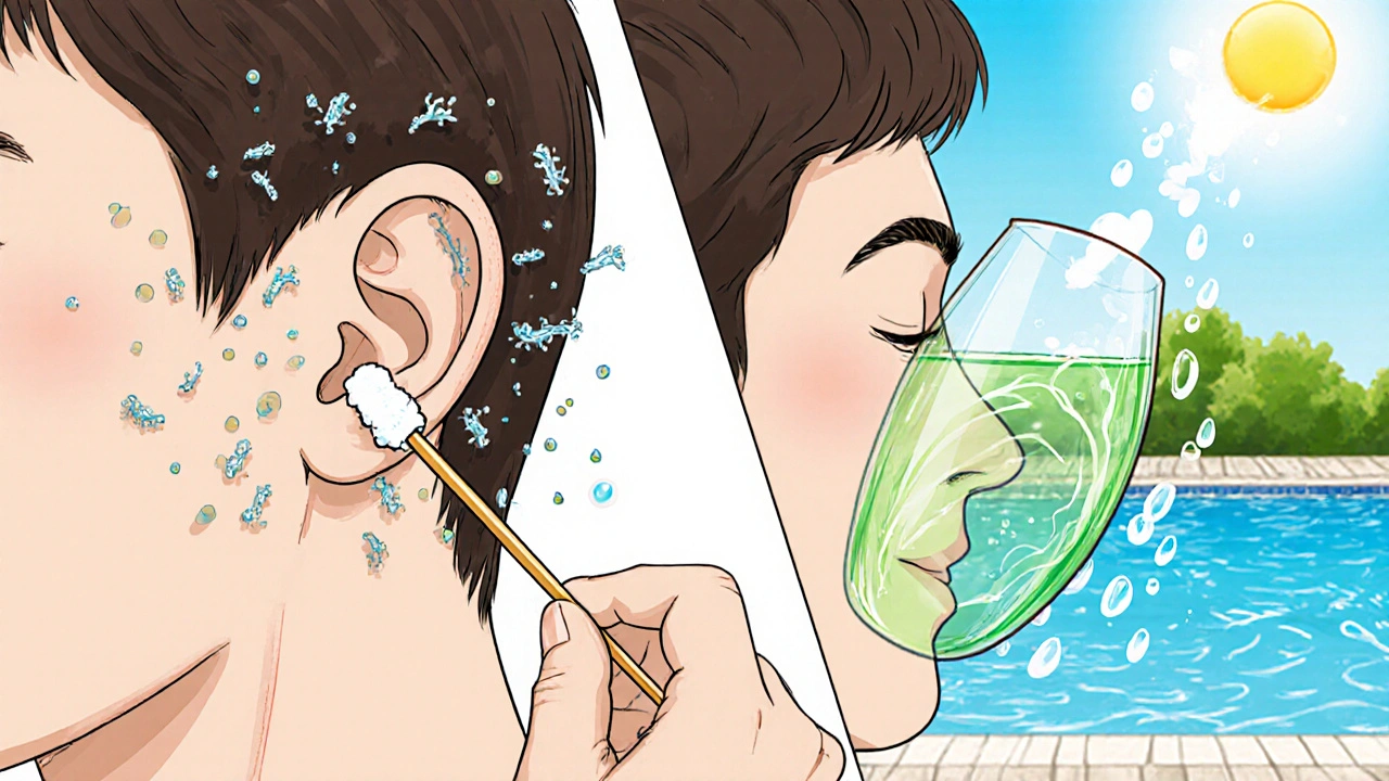 Before-and-after: cotton swab causing infection vs. vinegar-alcohol rinse protecting ear from water.