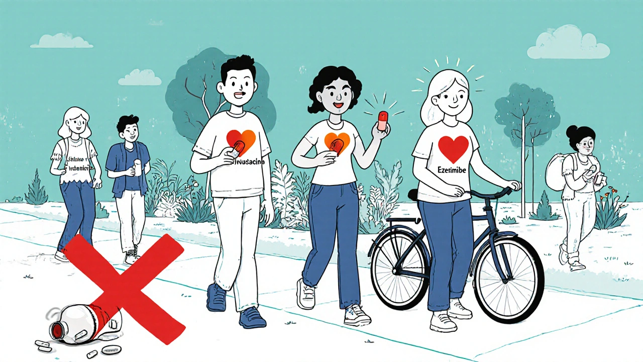 Diverse individuals enjoying daily life with alternative cholesterol treatments, hearts glowing, statin bottle discarded.