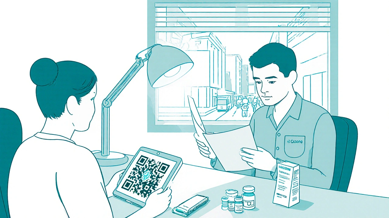 Doctor reviewing medical documents with patient in clinic, insulin vials and cooling pack on desk, QR code visible.