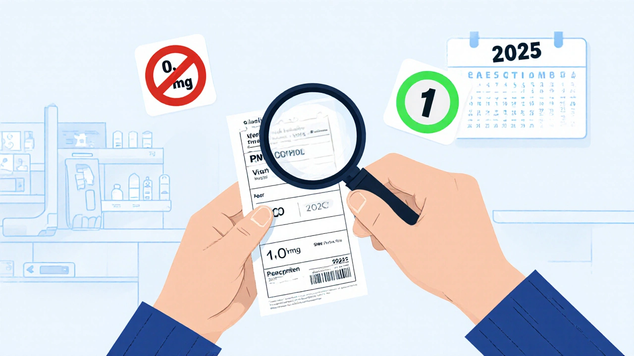 Patient checking prescription label for dosage errors using a magnifying glass.
