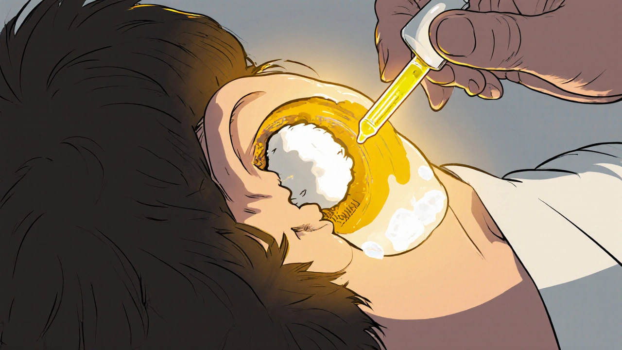 Person receiving antibiotic ear drops while lying on side, medication glowing as it flows into ear canal.