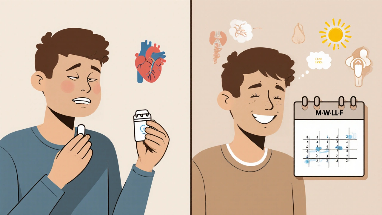 Person switching from daily to every-other-day statin dosing, with a calendar and steady cholesterol graph showing success.