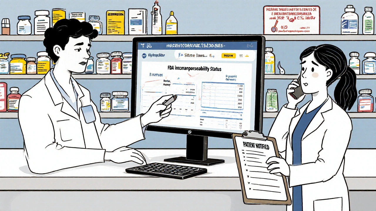 Pharmacist reviewing FDA and state laws for biosimilar substitution